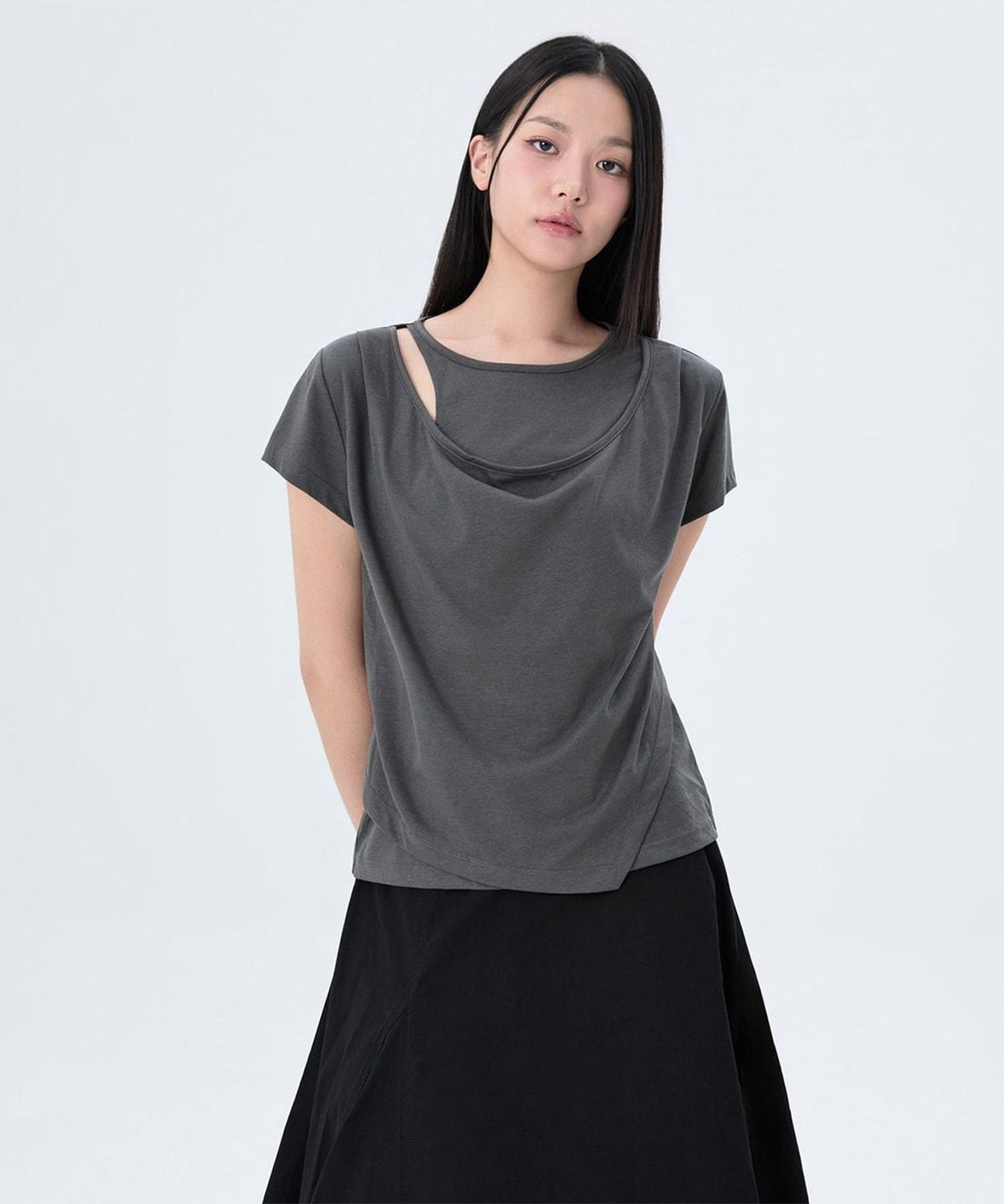 미쏘(MIXXO) 랩 레이어드 반팔 티셔츠_MIWHWG909A