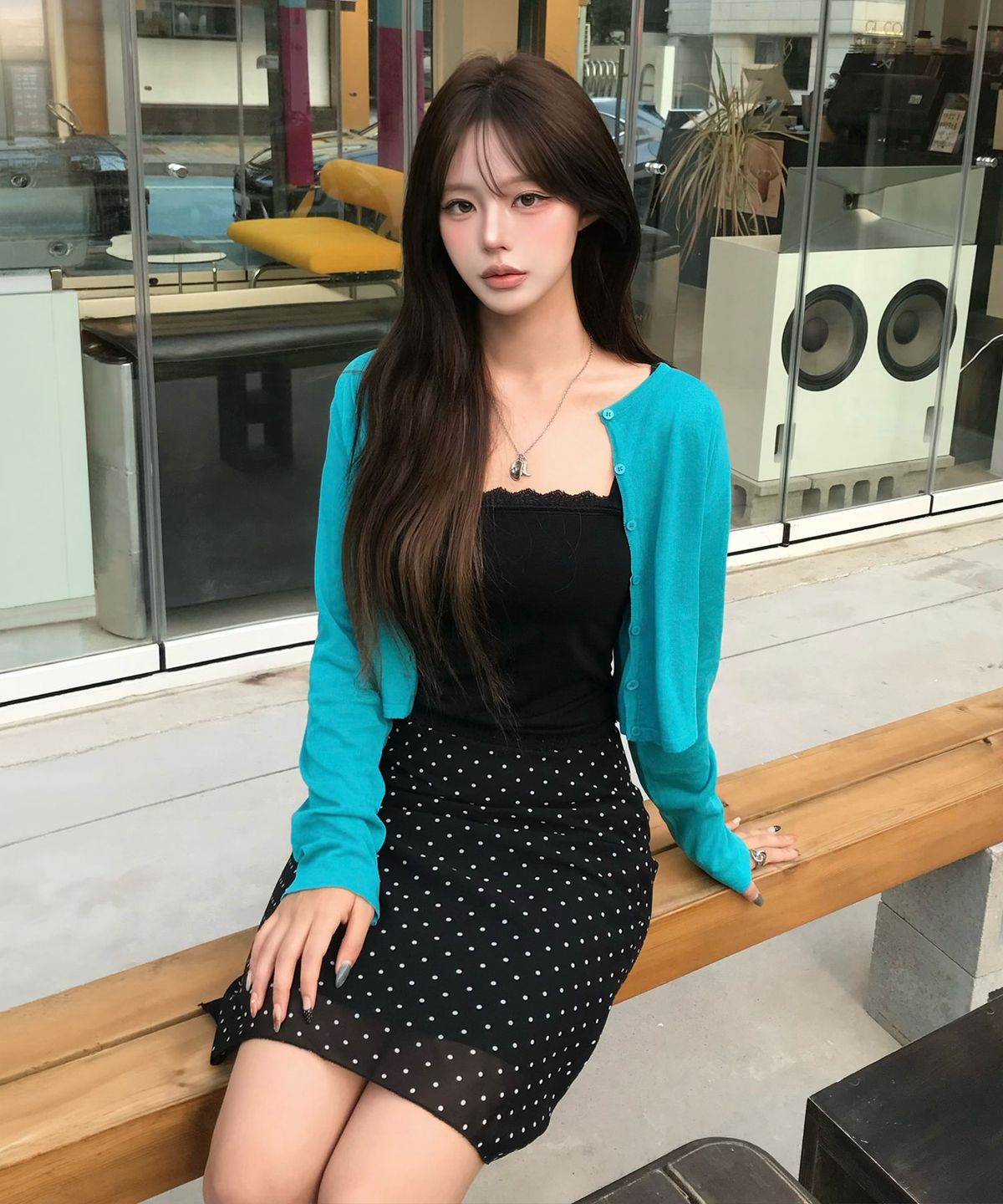 로에일(LOEIL) Light sheer color knit cardigan_Cyan