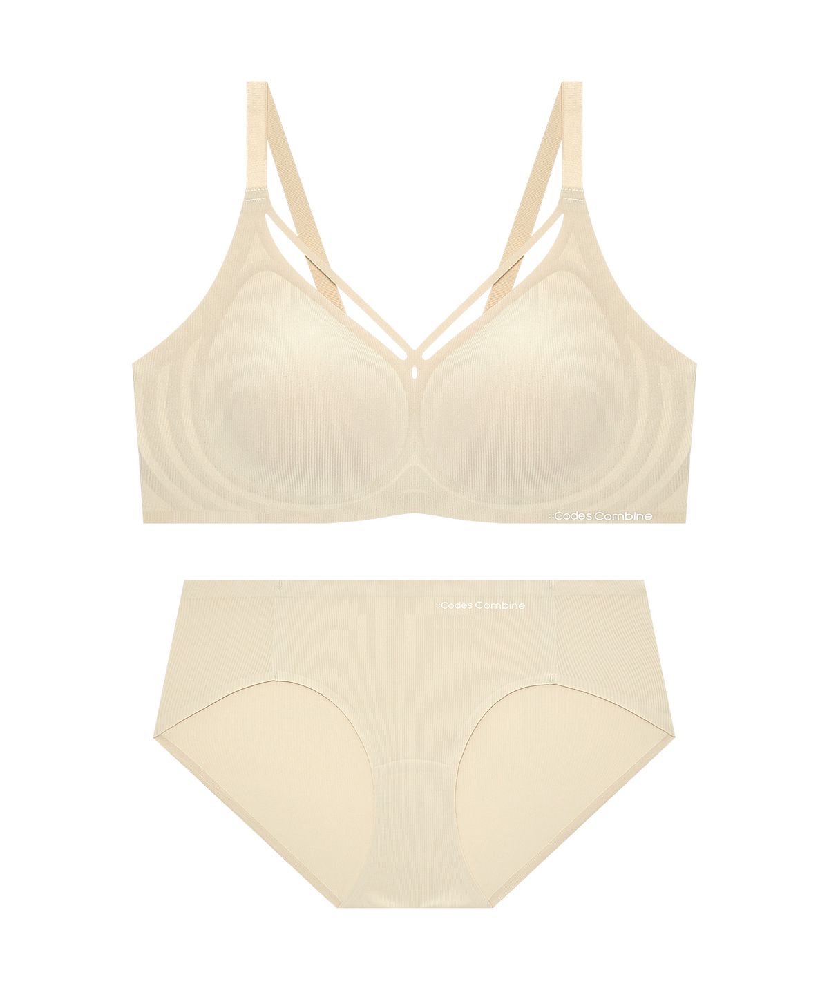 코데즈컴바인 이너웨어(CODES COMBINE INNERWEAR) 골지 스트랩 볼륨 심리스 노와이어 브라 팬티 세트_스킨