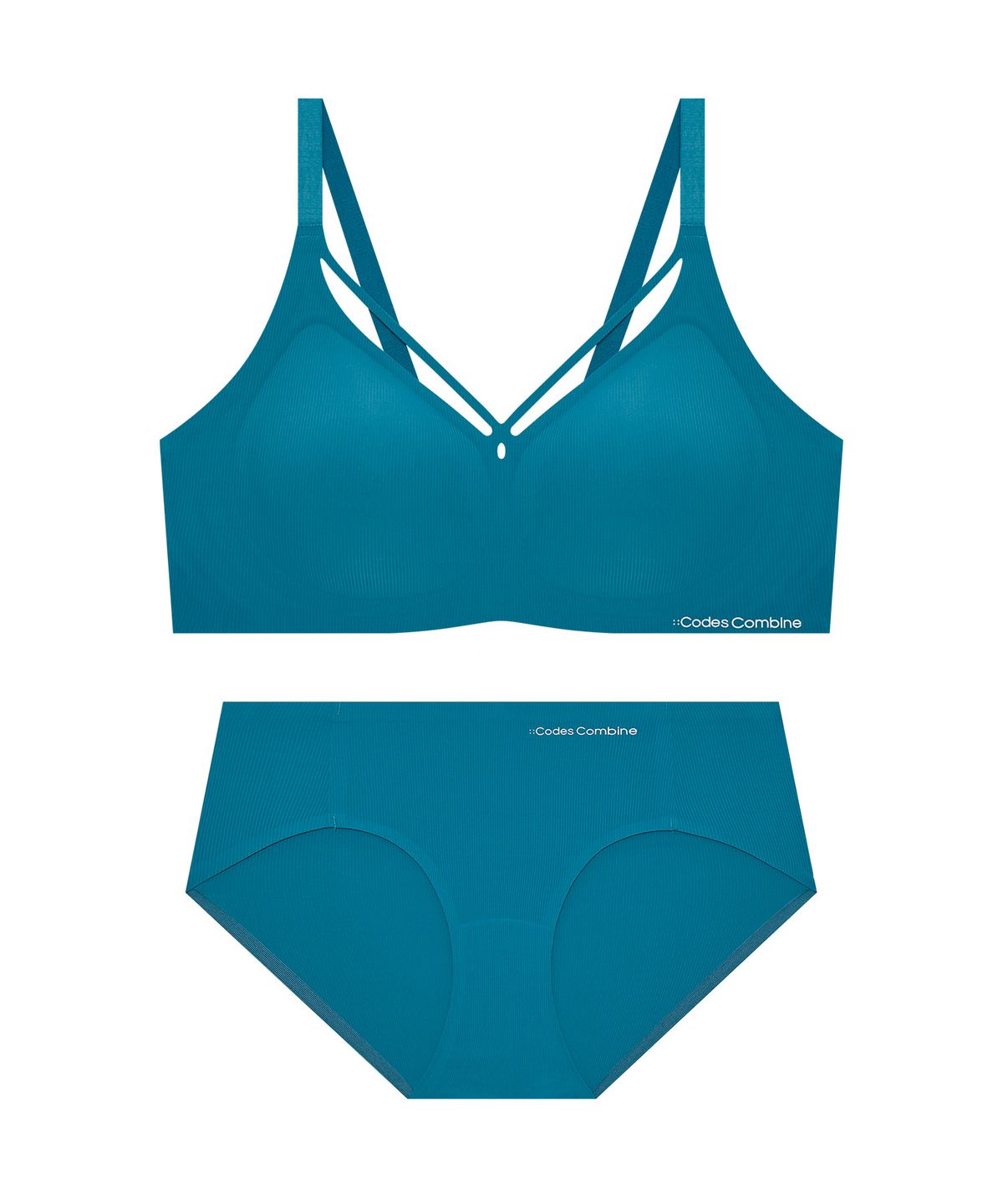 코데즈컴바인 이너웨어(CODES COMBINE INNERWEAR) 골지 스트랩 볼륨 심리스 노와이어 브라 팬티 세트_터키블루