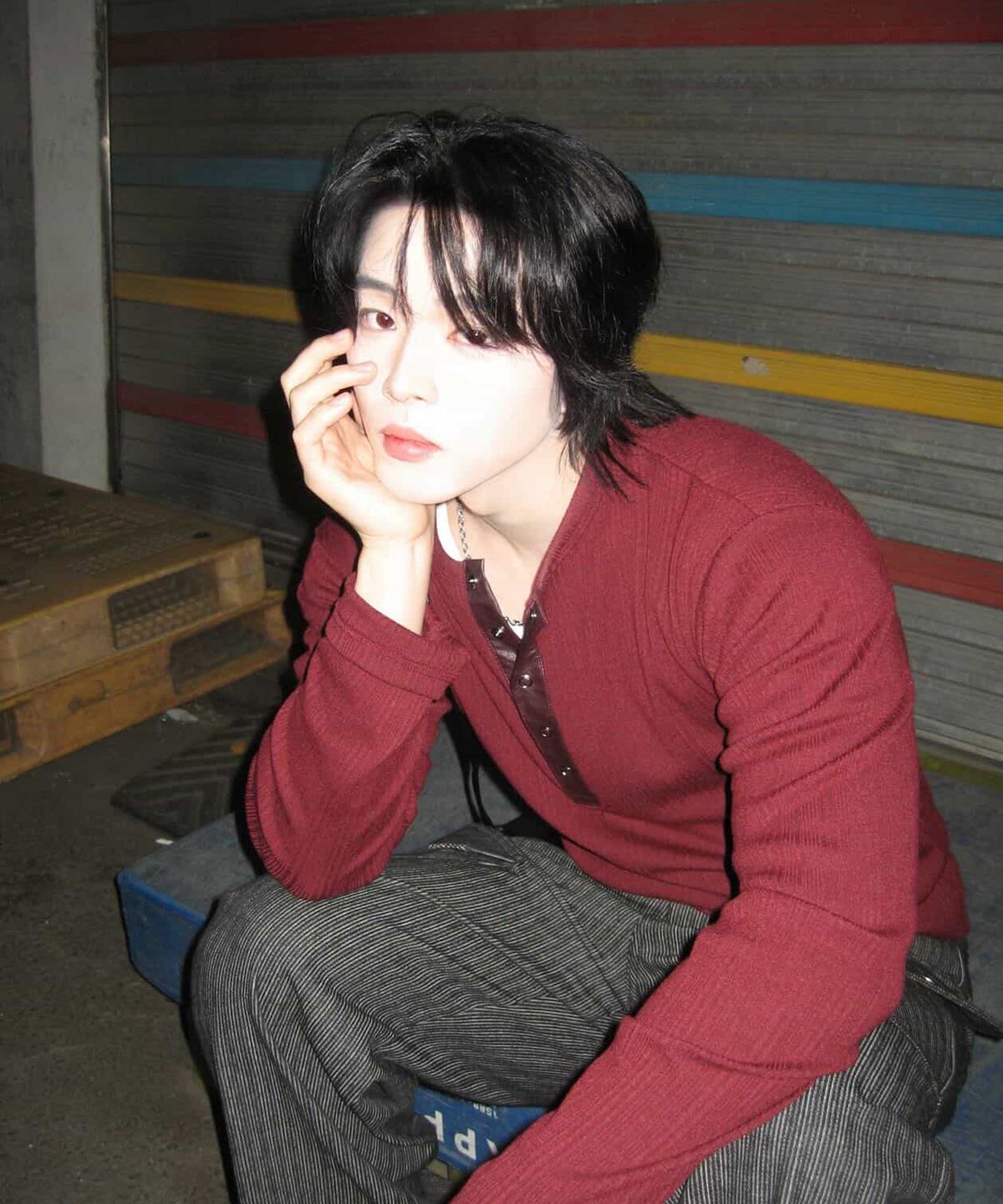 로랑서울(LAURANTSEOUL) Leather ribbed henley neck long sleeves(Burgundy)