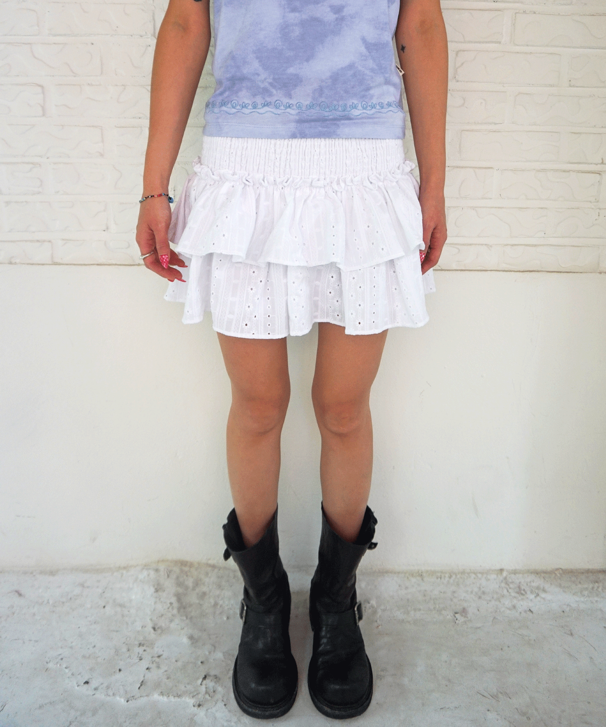 키지코(KIJIKO) ke703. Punching Frill Mini Skirt White
