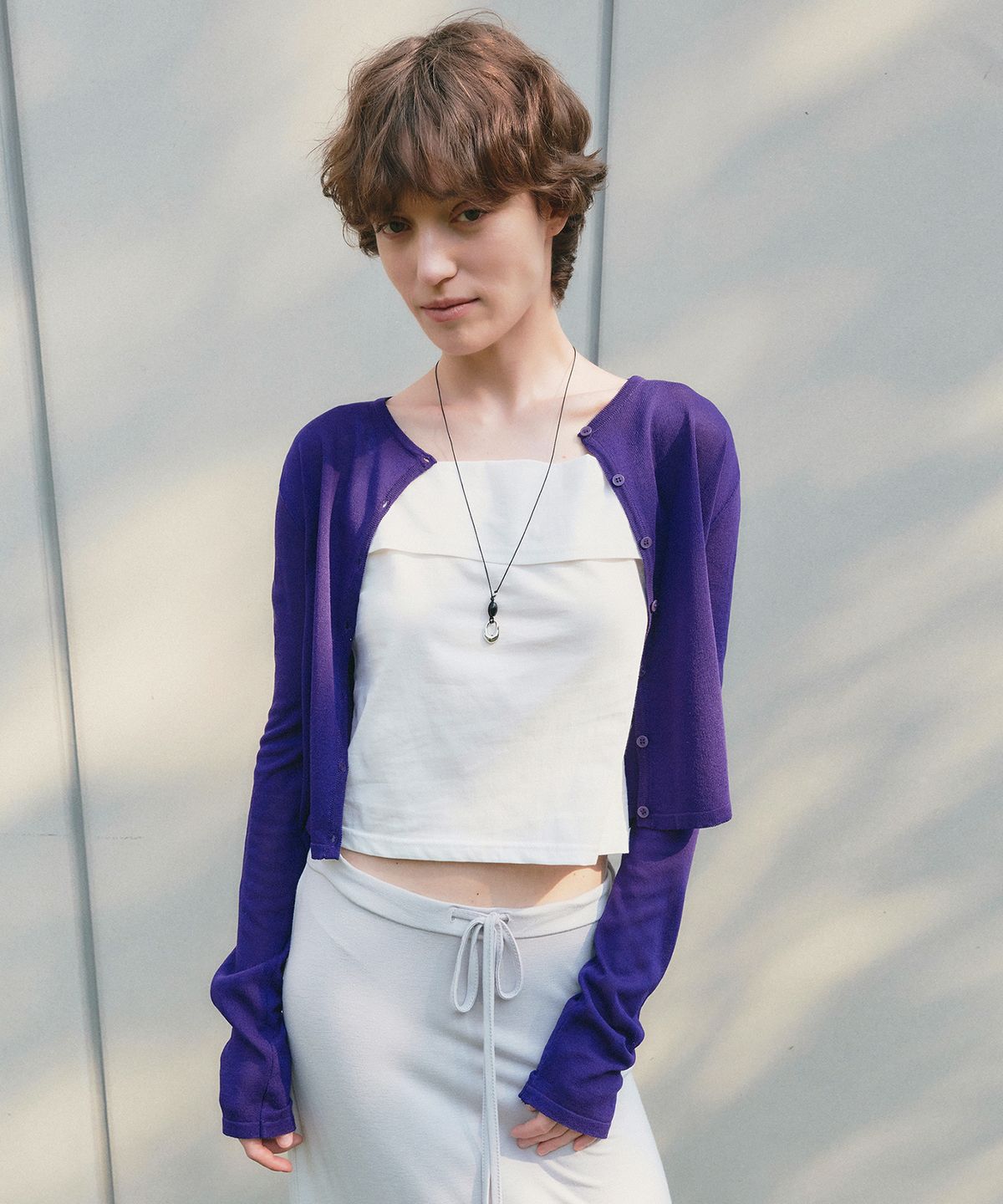 로에일(LOEIL) Light sheer color knit cardigan_Purple