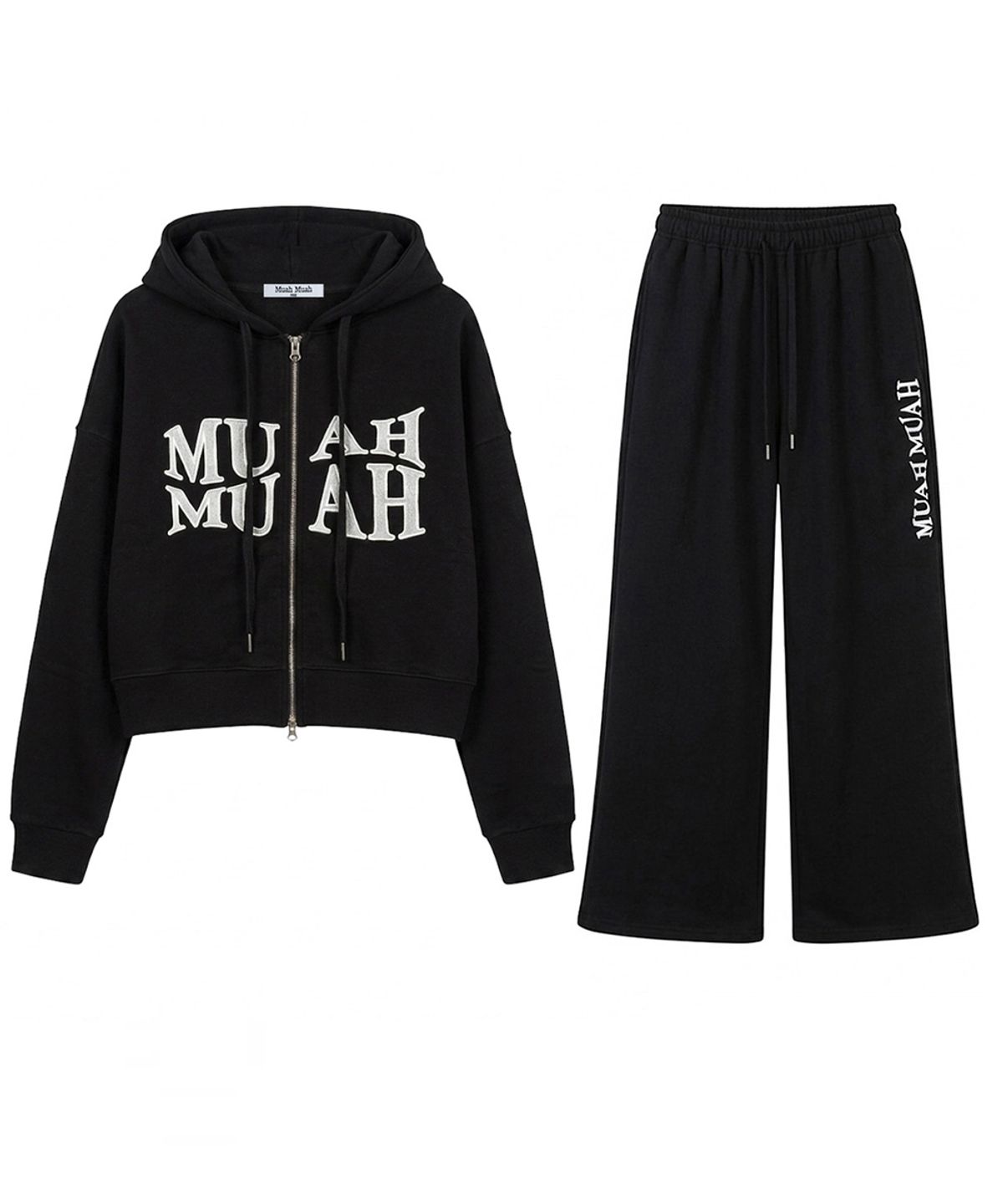 무아무아(MUAHMUAH) [SET] 웨이브 스티치 후드집업 밴딩팬츠 셋업 [블랙]