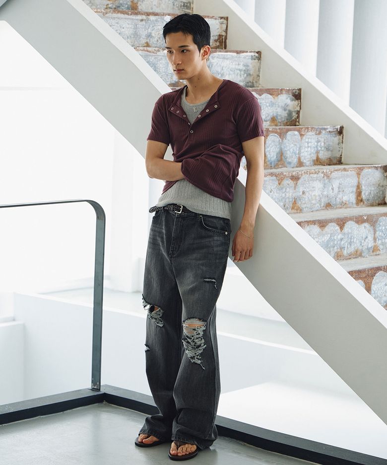 Washed damage wide flare denim pants(Black)