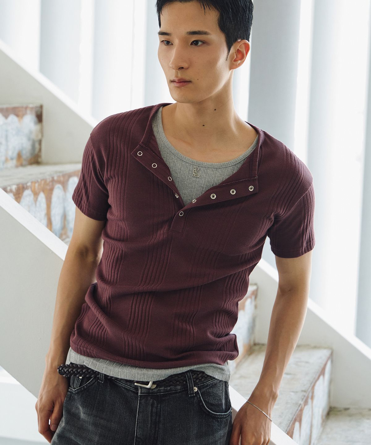 로랑서울(LAURANTSEOUL) High ribbed henley neck half sleeves(Burgundy)