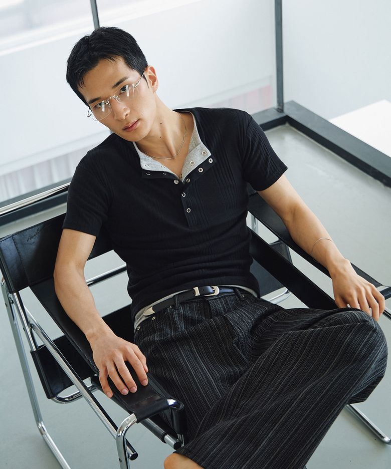 High ribbed henley neck half sleeves(Black)