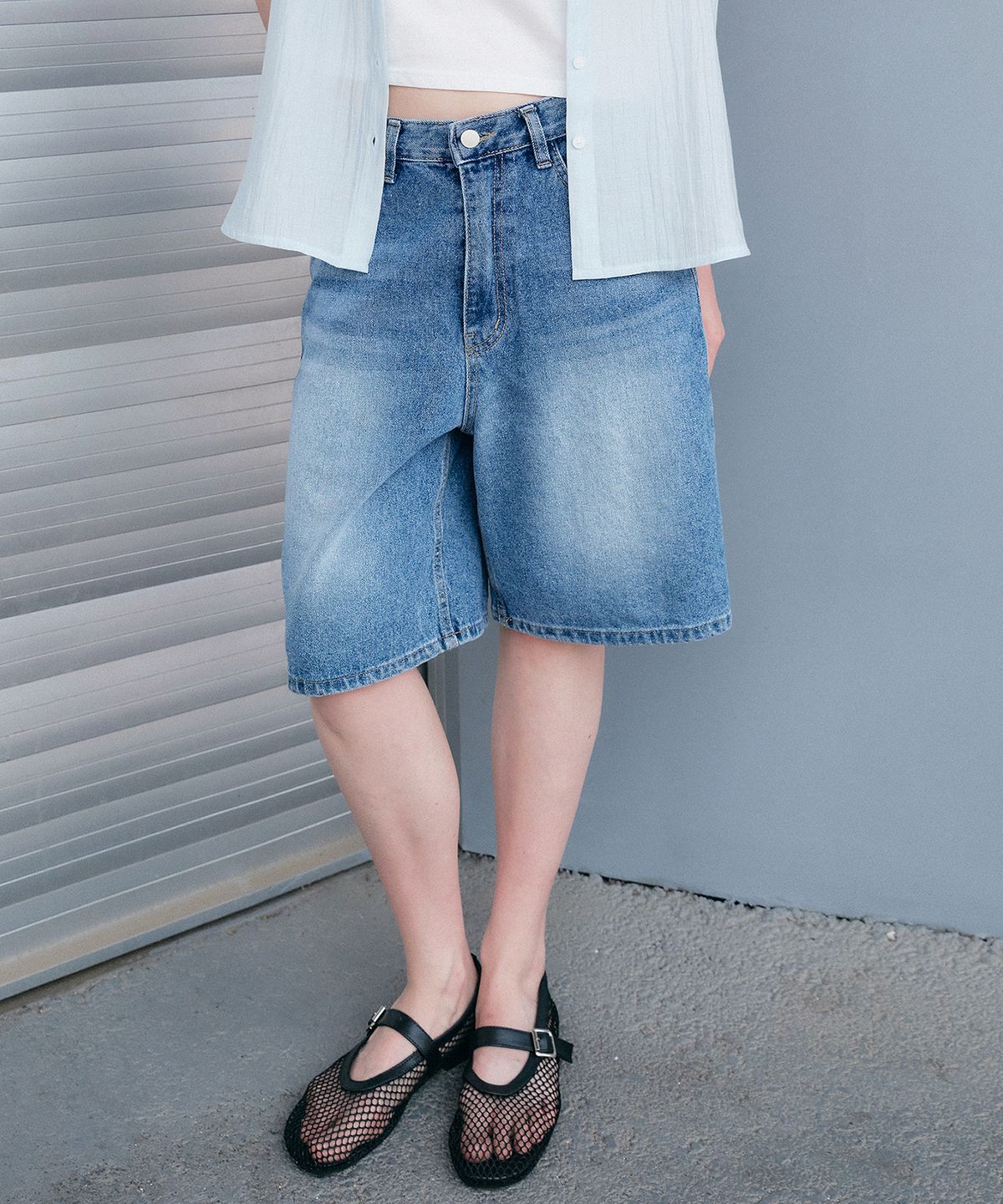 로에일(LOEIL) Daily washed bermuda denim pants_Blue