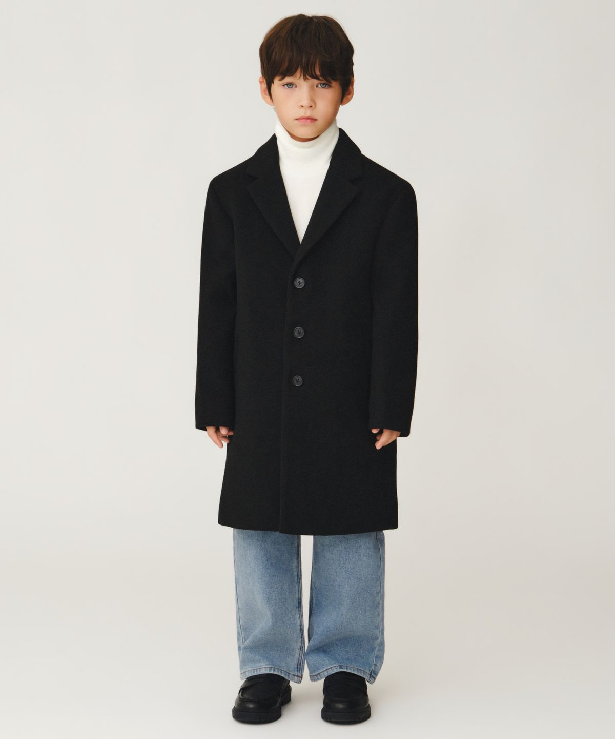무신사 스탠다드 키즈(MUSINSA STANDARD KIDS) 울 블렌드 오버사이즈 싱글 코트 [블랙]