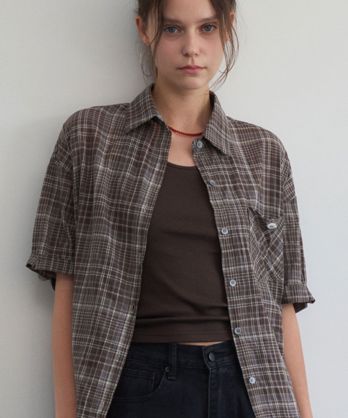 헤인트(HAINT) ADELLE CHECK ROLL-UP HALF SHIRT 2COL_BROWN
