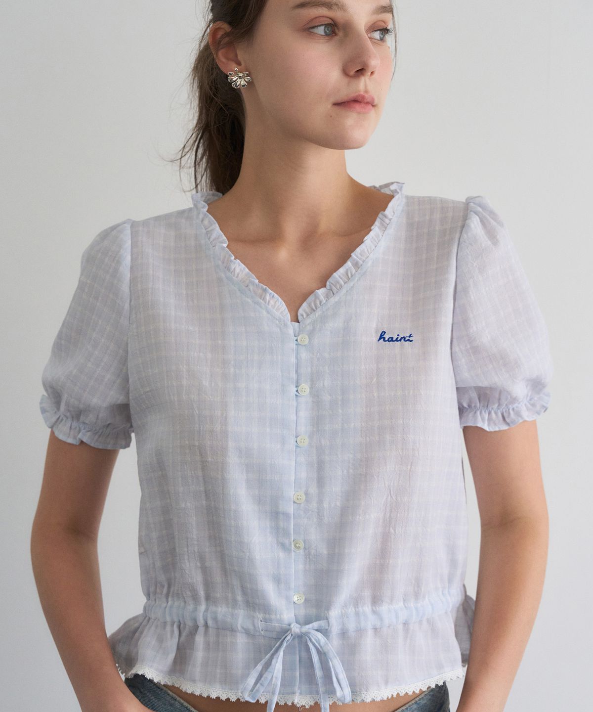 헤인트(HAINT) LIRIA CHECK STRING HALF SHIRT 2COL_LIGHT BLUE