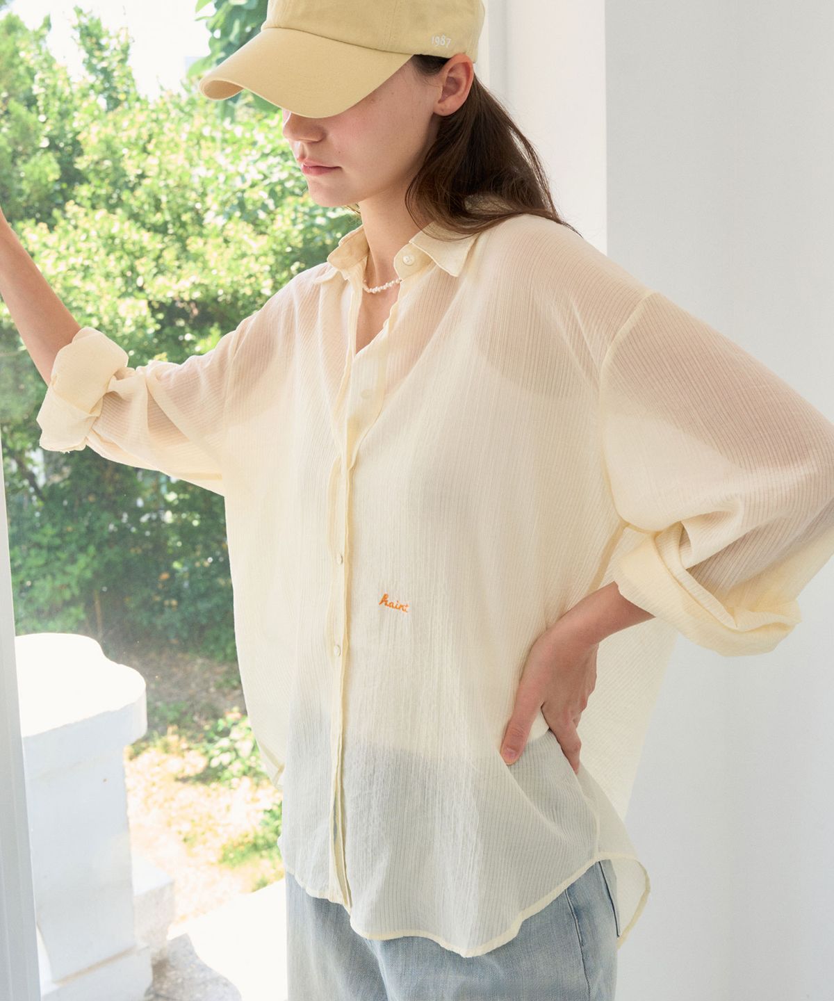 헤인트(HAINT) SOLIA SHEER EMBROIDERY OVERSIZE SHIRT 2COL_LIGHT YELLOW