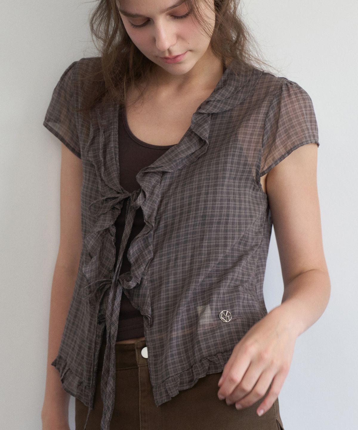 헤인트(HAINT) CLOVIA CHECK FRILL OPEN BLOUSE 2COL_BROWN