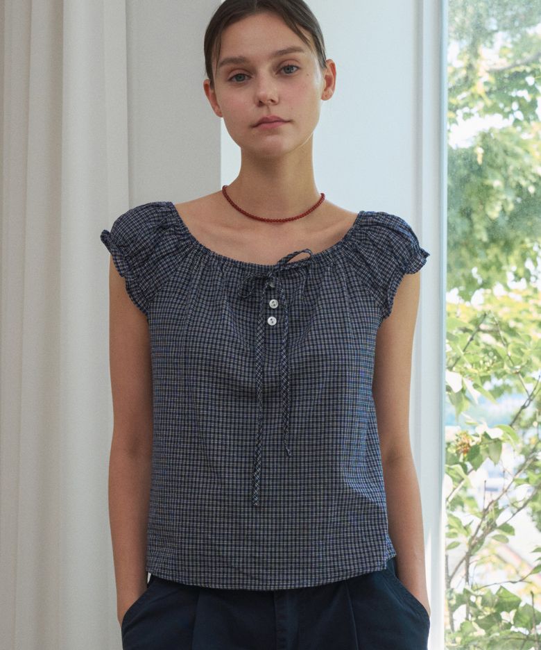 LUCET CHECK STRING BUTTON BLOUSE 2COL_NAVY