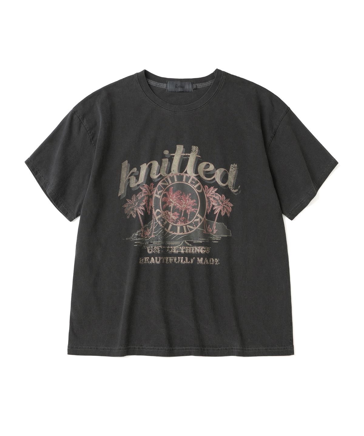 니티드(KNITTED) (UNISEX) 피그먼트 팜트리 그래픽 티셔츠 CROP  CHARCOAL