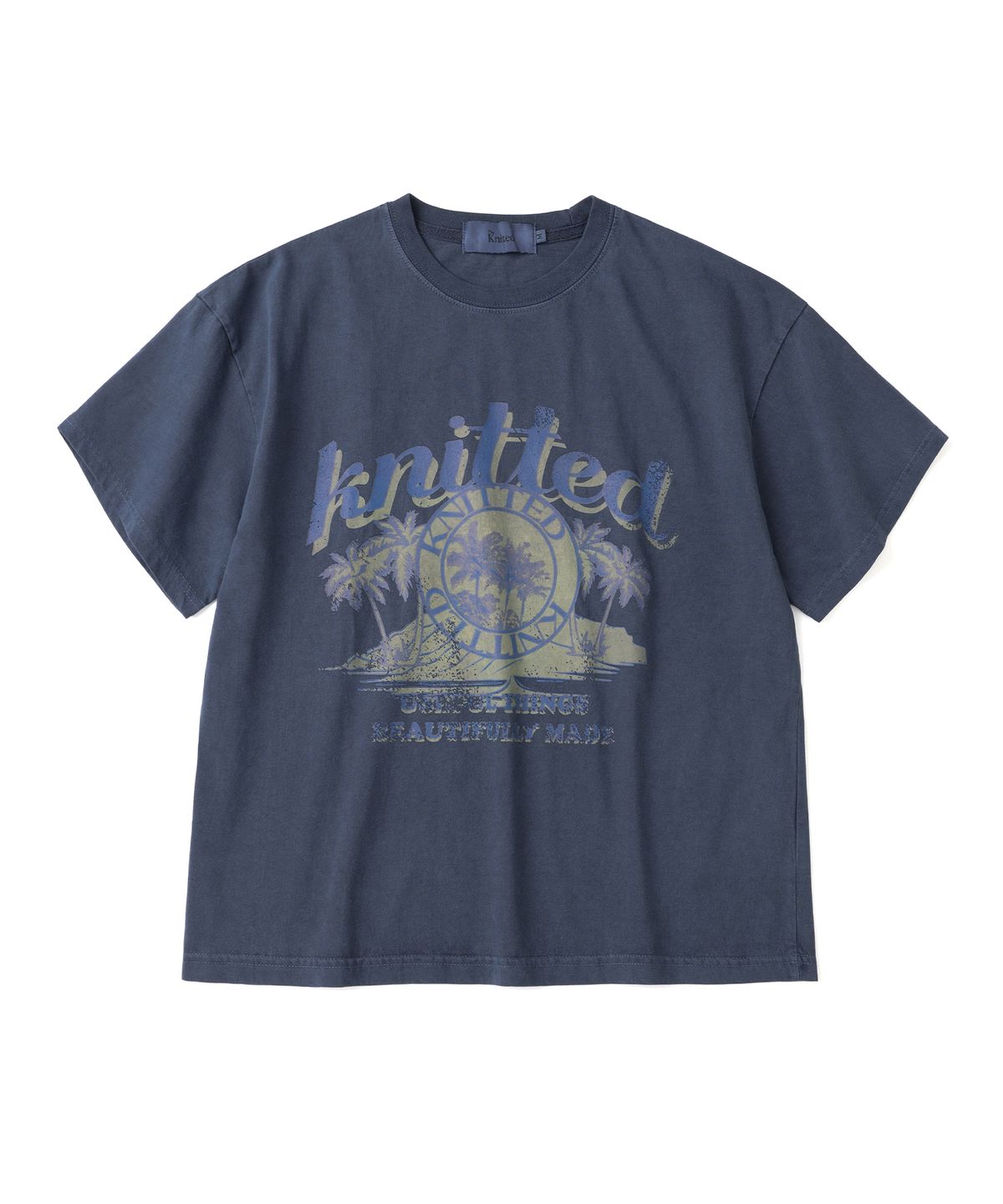 니티드(KNITTED) (UNISEX) 피그먼트 팜트리 그래픽 티셔츠 CROP BLUE