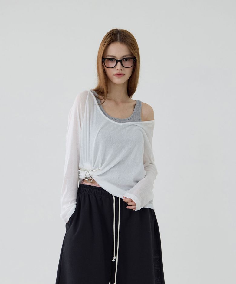 Ease Deep V-neck Long Sleeve T-Shirt_White