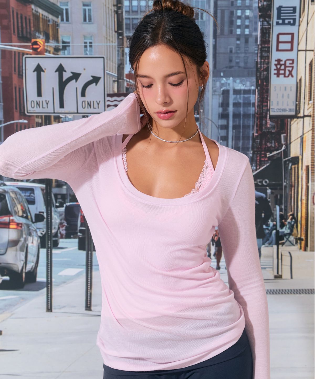 로잔느(ROSEANNE) Breeze Sheer Long Sleeve Top (Pink)