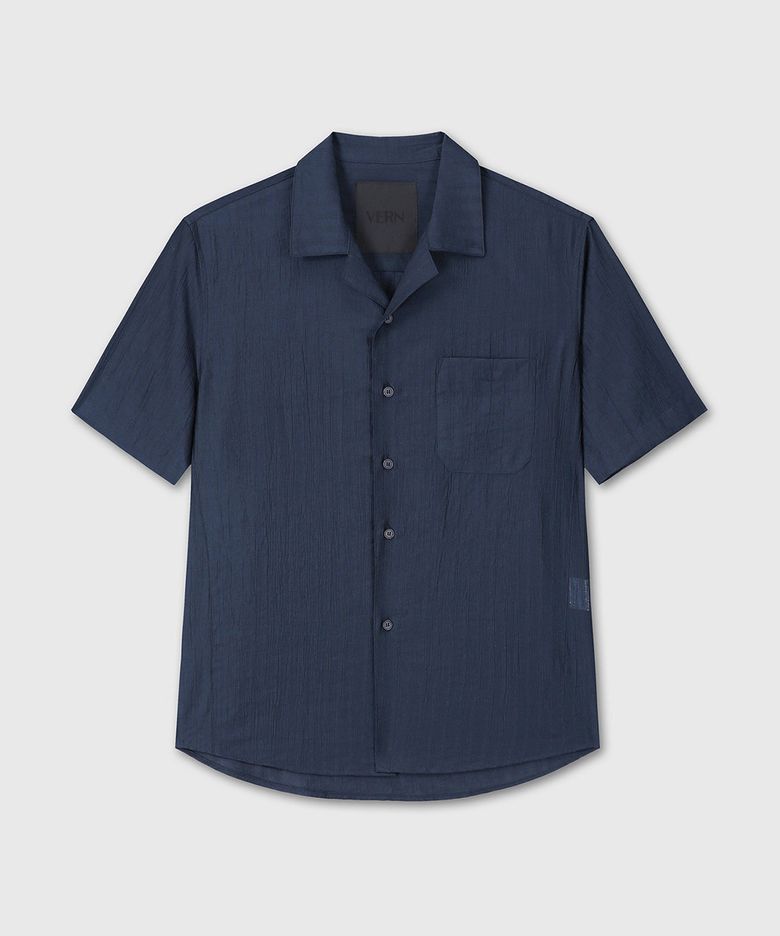 TENCEL OPEN COLLAR HALF SHIRT (NAVY)