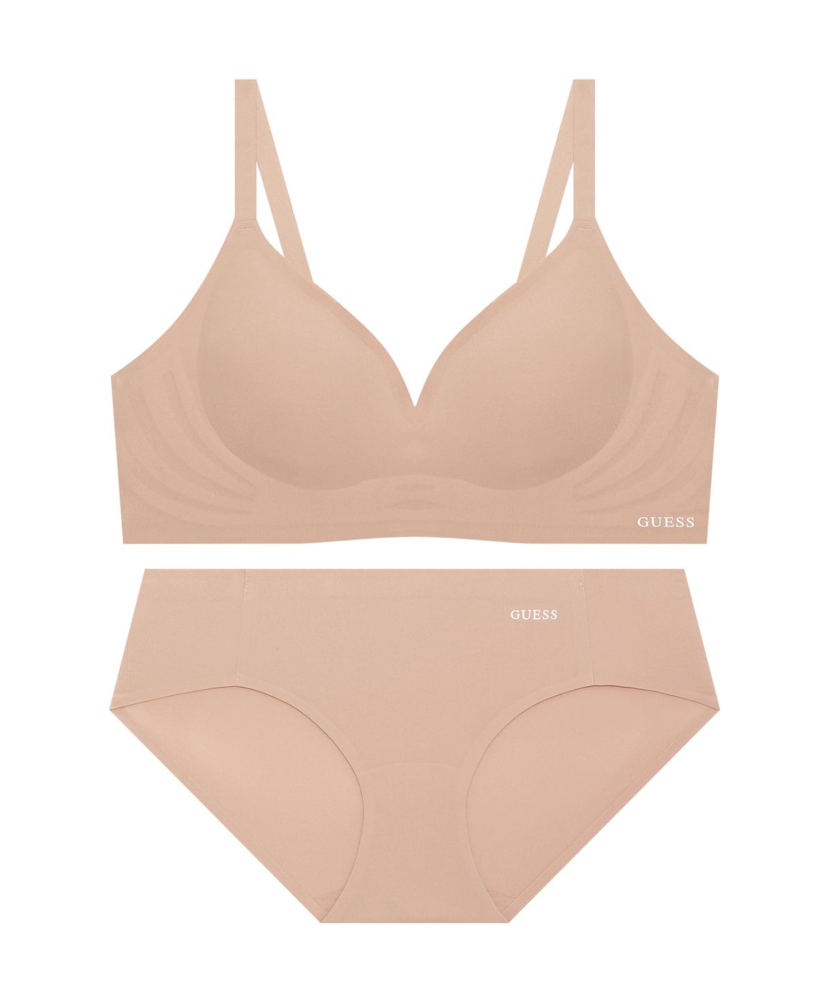 게스언더웨어(GUESS UNDERWEAR) 서포트 메쉬업 심리스 브라 팬티 세트 - 다크베이지