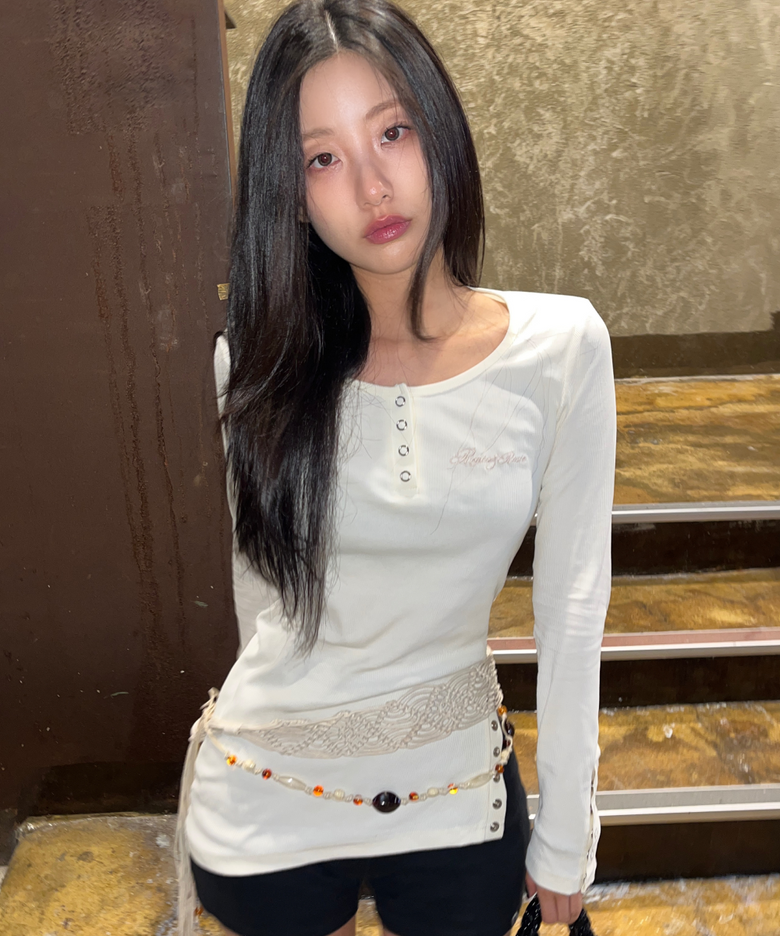 Side Button Detailed Slim-Fit Long Sleeve Ivory