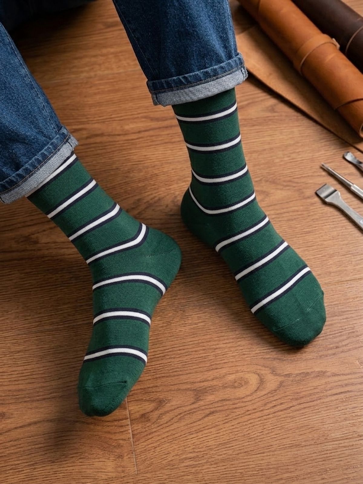 아비루즈(ABIRUZ) 남성용 딥그린 아이비 스트라이프 삭스 BT-19
