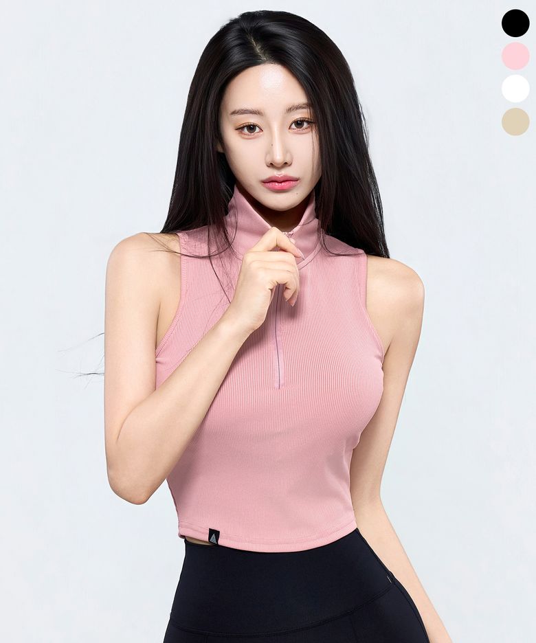 P5085 우먼 캡내장 홀터넥 집업 나시 [4COLOR]