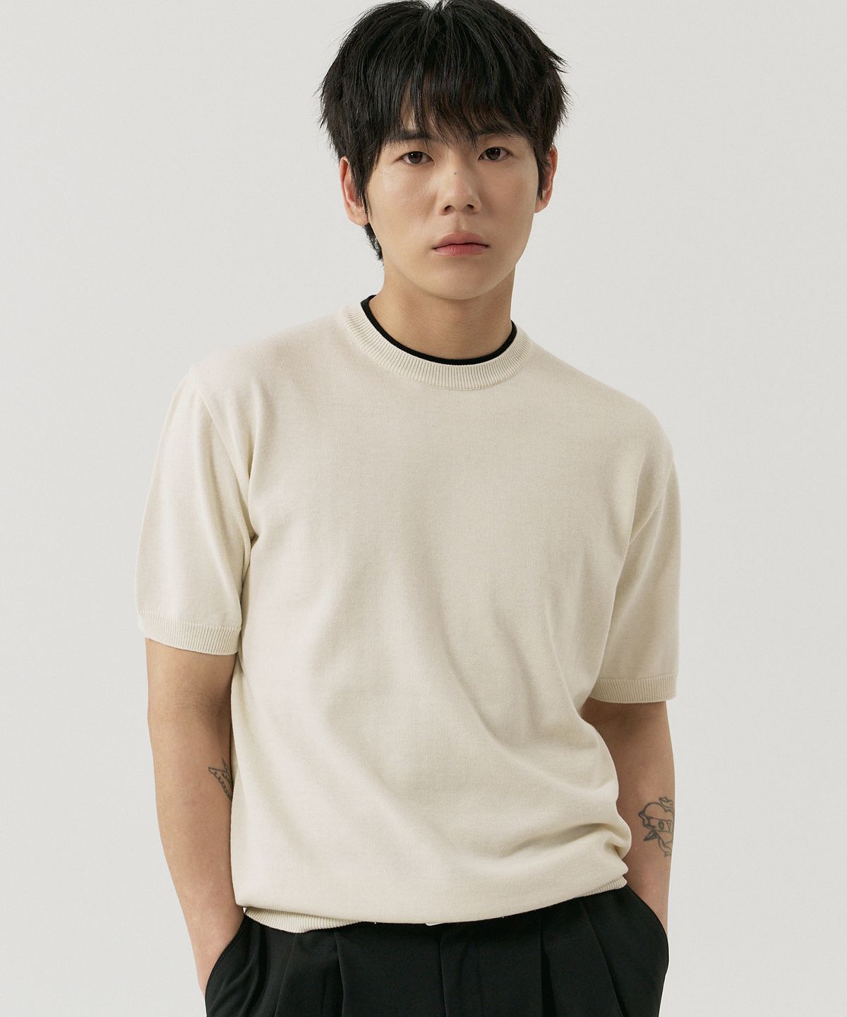 그노크(GNOK) 레이어드 라운드 반팔 니트[베이지]