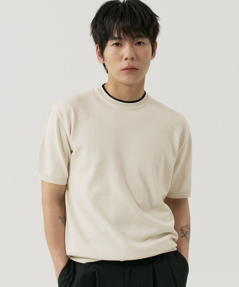 레이어드 라운드 반팔 니트[베이지]