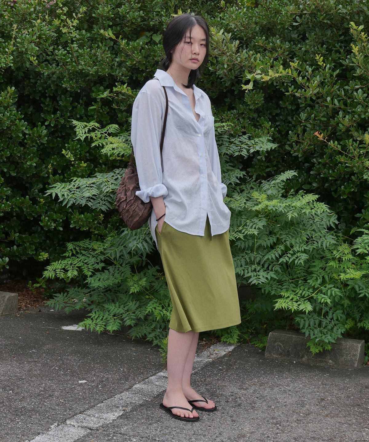 스텝어라운드(STEP AROUND) Soft Jersey Midi Skirt_OLIVE