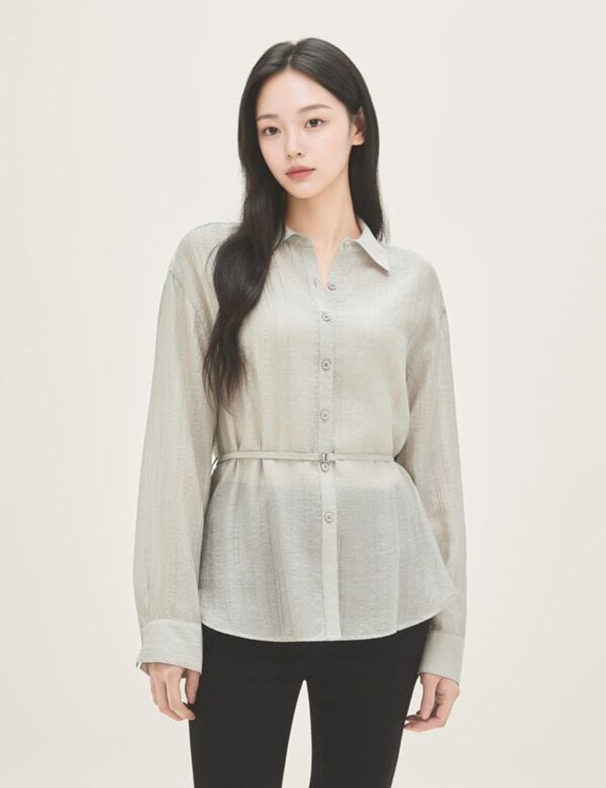 로엠(ROEM) 허리끈 디테일 롱 셔츠 RMYWG38R11