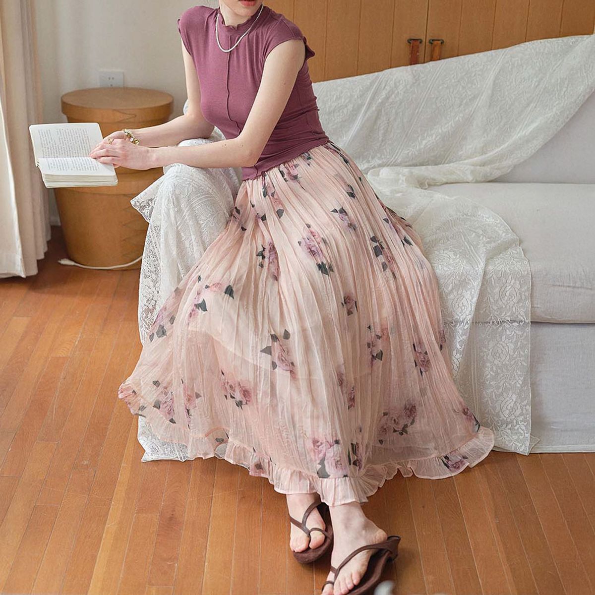 심플레트로(SIMPLE RETRO) SR_Print pleated pink floral skirt