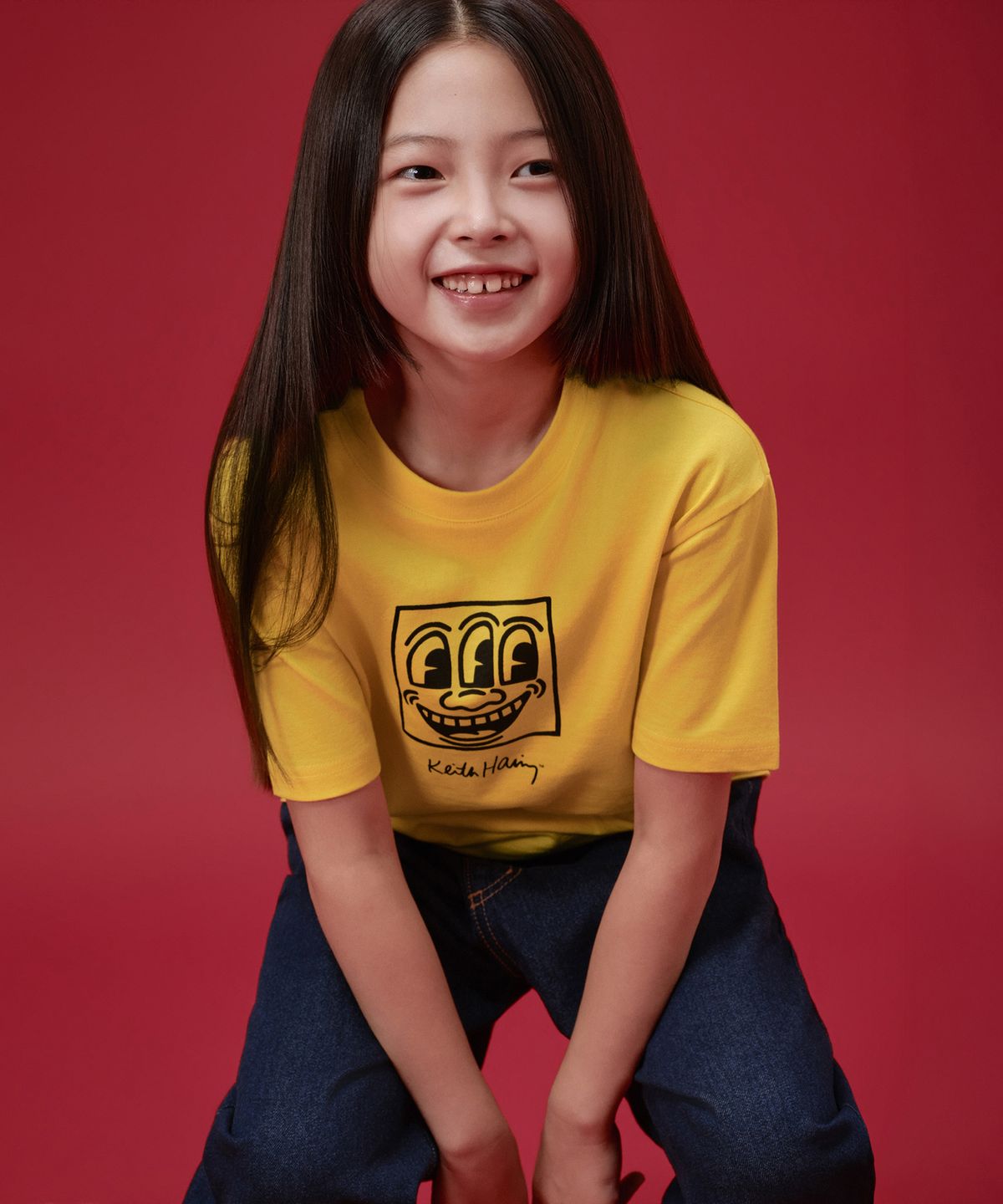 무신사 스탠다드 키즈(MUSINSA STANDARD KIDS) [키스 해링 컬렉션] Three- Eyed Face 티셔츠 [옐로우]