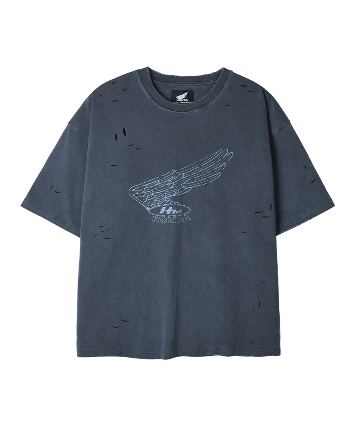 핍스 모터사이클(PHYPS MOTORCYCLE) Pigment Demage Single Logo Half T-Shirts Navy
