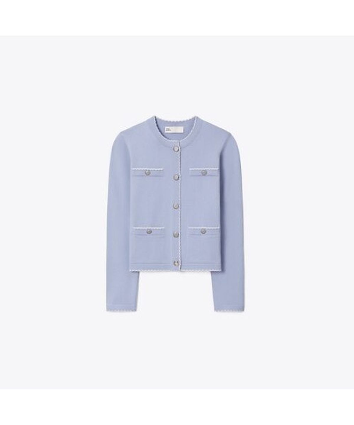 토리버치(TORYBURCH) 켄드라 울 스캘럽 가디건 - 페일 블루 / 뉴 아이보리