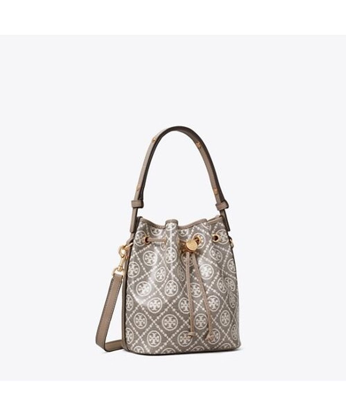 토리버치(TORYBURCH) 티 모노그램 코티드 자카드 버킷백 - 차콜