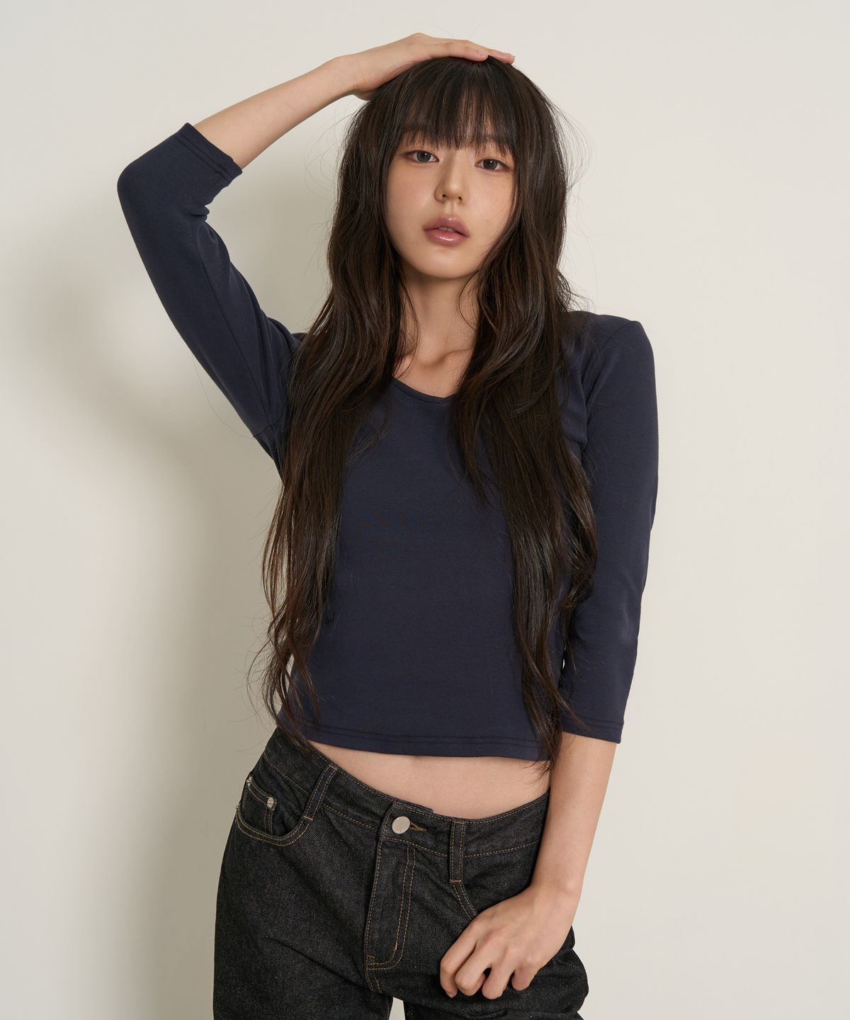 페플리(PEPLEE) V-Neck 3/4 Sleeve Tee (Navy)