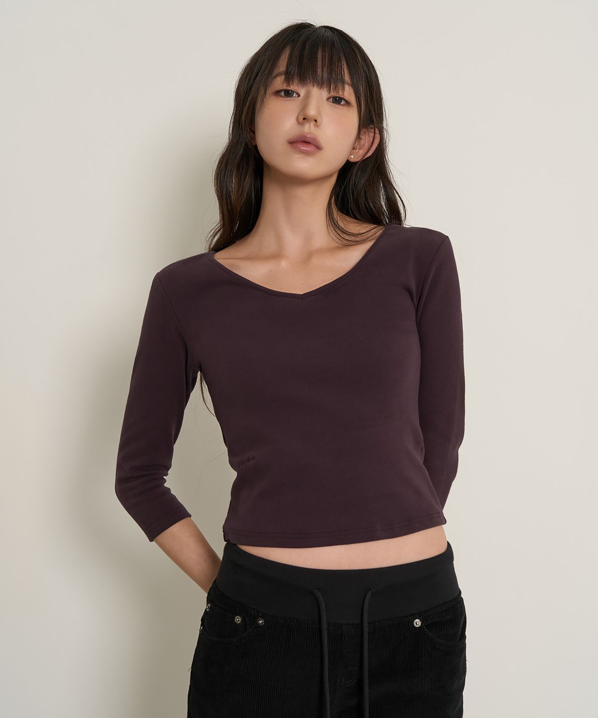 페플리(PEPLEE) V-Neck 3/4 Sleeve Tee (Purple)