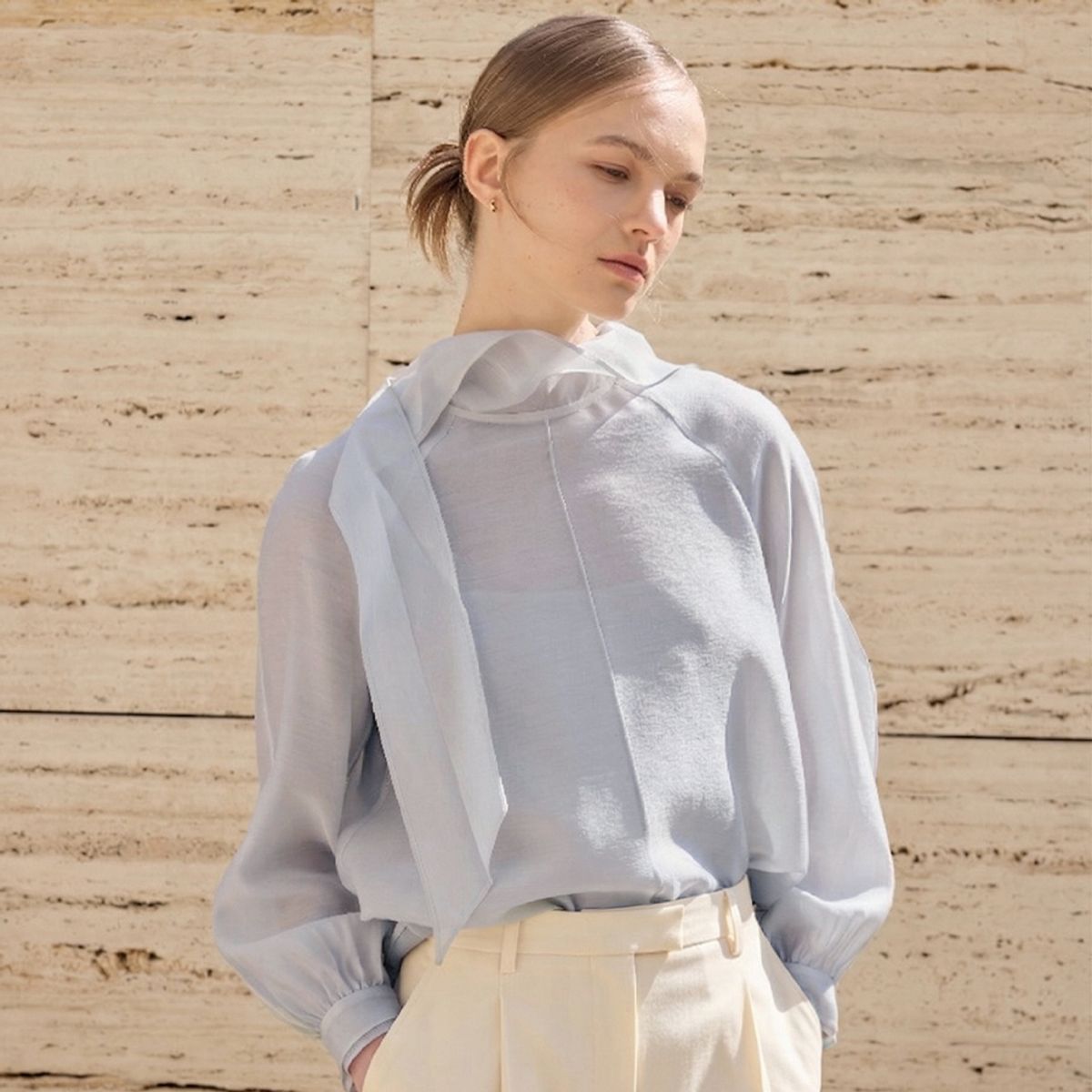 히이크(HYYK) Tencel Tie Blouse_Blue Gray