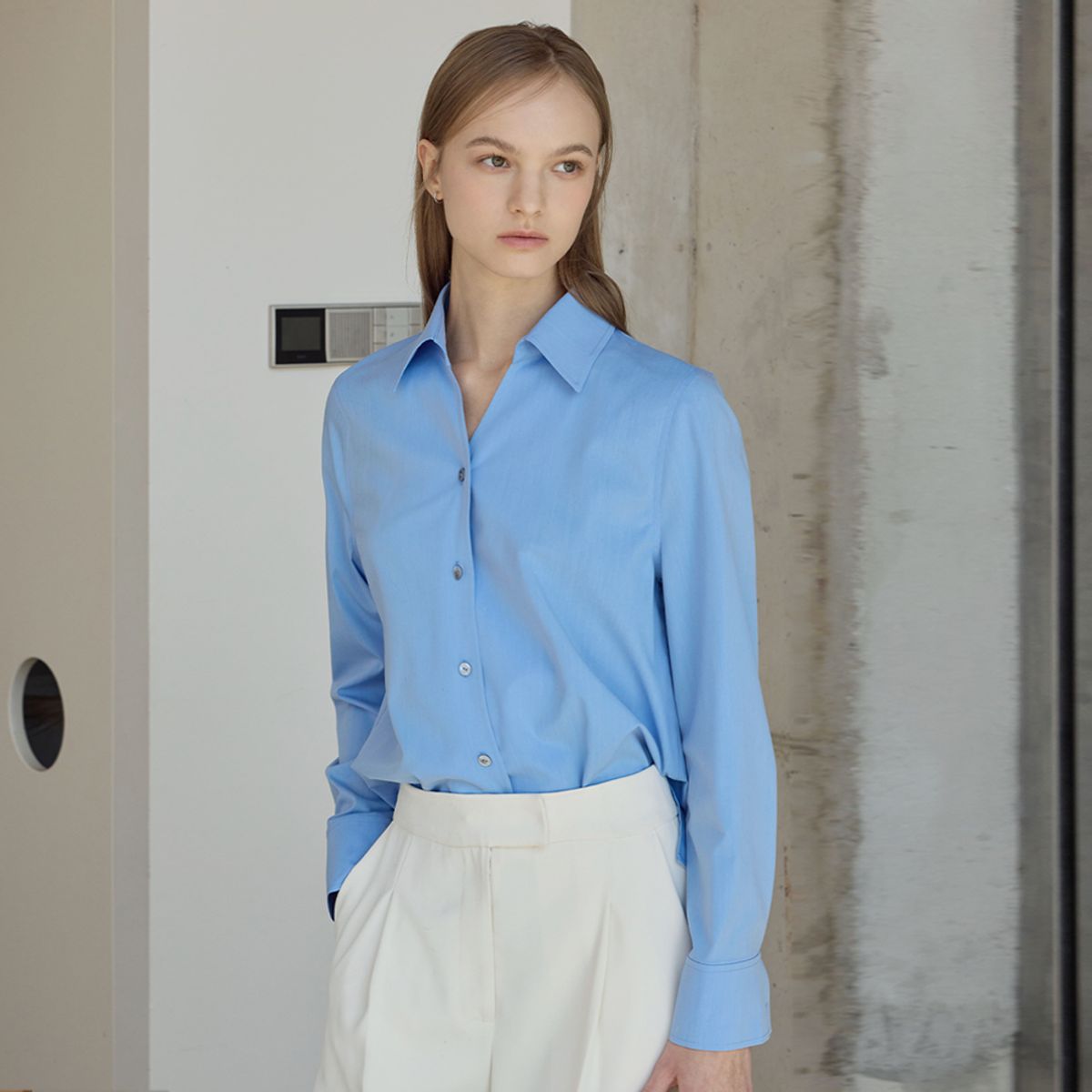 히이크(HYYK) Minimal Stretch Shirts Blouse_French Blue