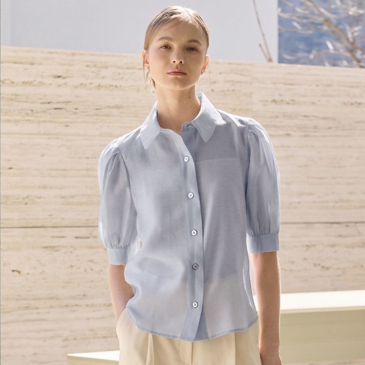 히이크(HYYK) Tencel Sheer Blouse_Blue Gray