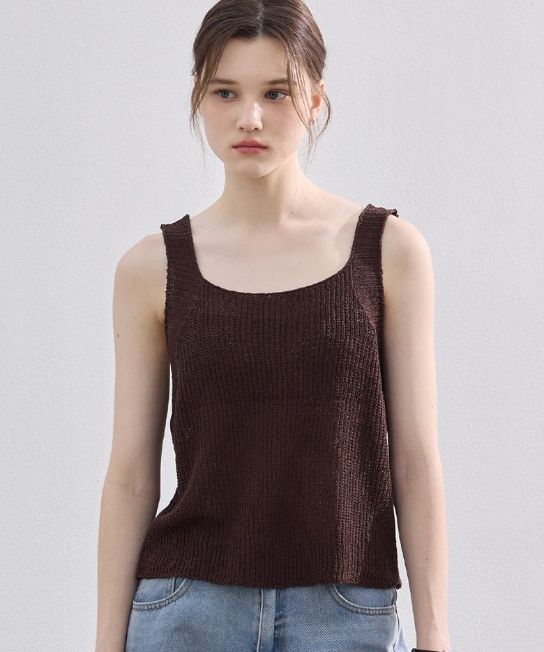 Loose Sqaure Knit Top_Camel Brown