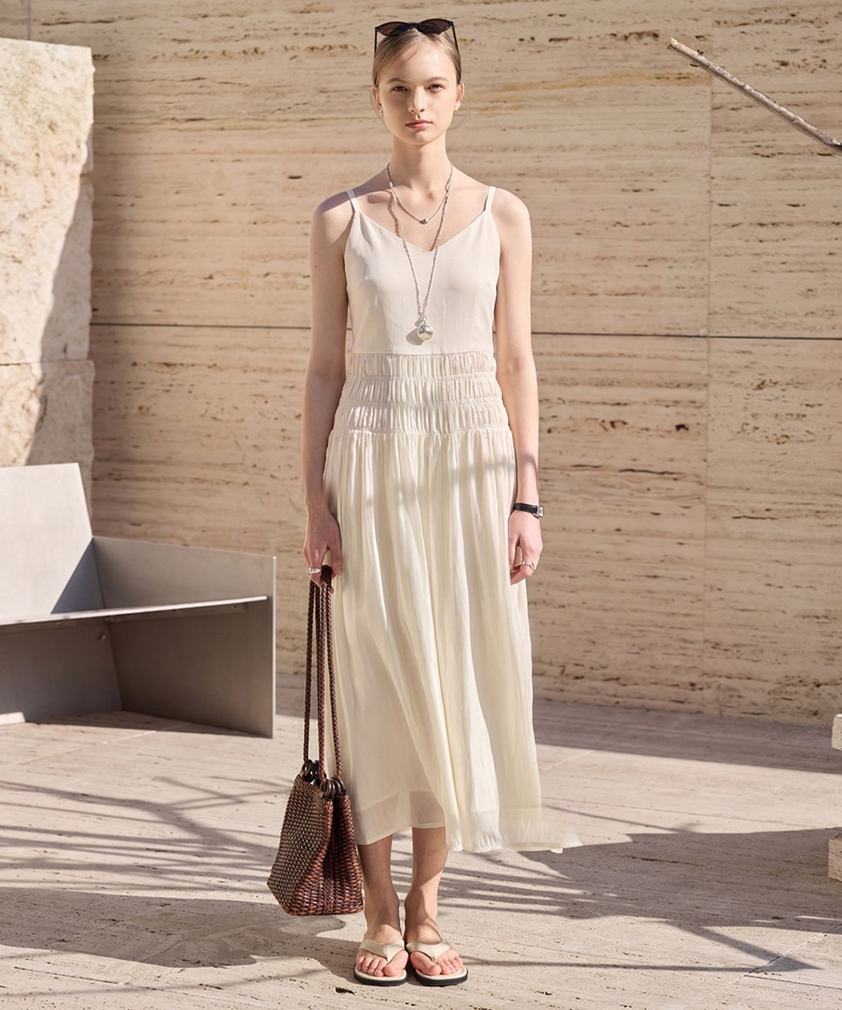 히이크(HYYK) Sheer Silky Line Dress_Cream Beige