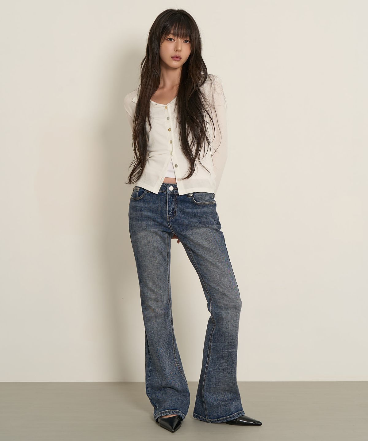 페플리(PEPLEE) Vintage Washed Boots Cut Denim Pants (Blue)