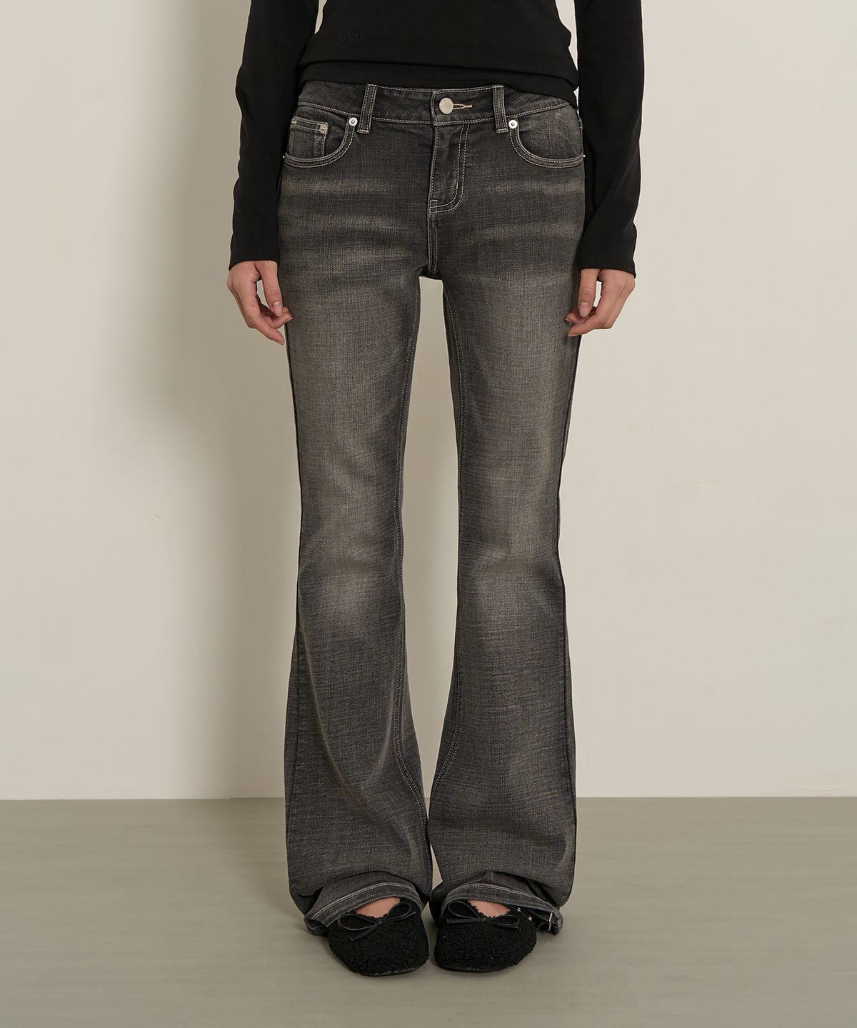 페플리(PEPLEE) Vintage Washed Boots Cut Denim Pants (Grey)