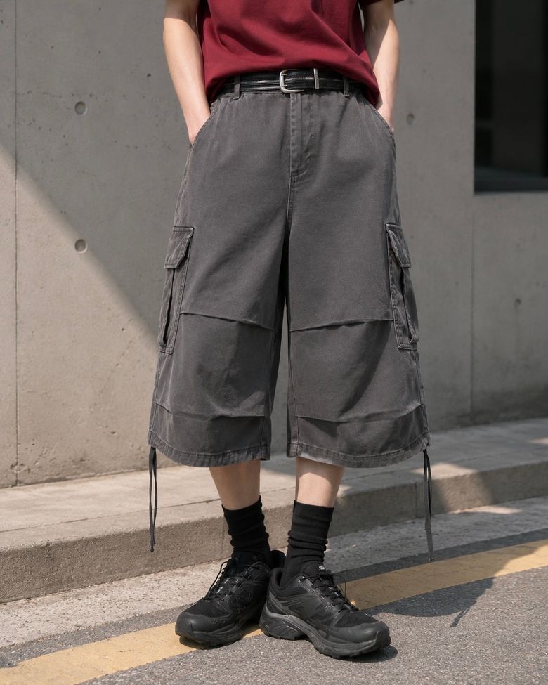 워시드 코튼 카고 버뮤다 팬츠 (WASHED BLACK)