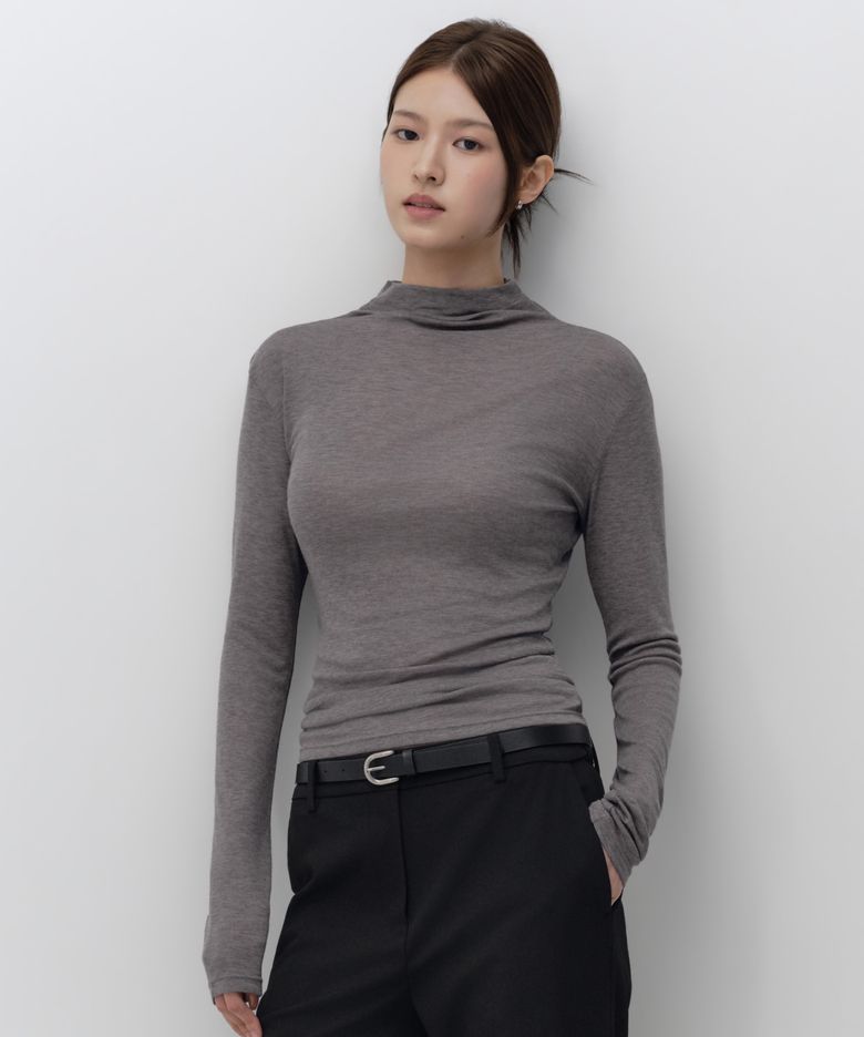 우먼즈 시어 울 텐셀 터틀 넥 긴소매 티셔츠 [미디엄 그레이]