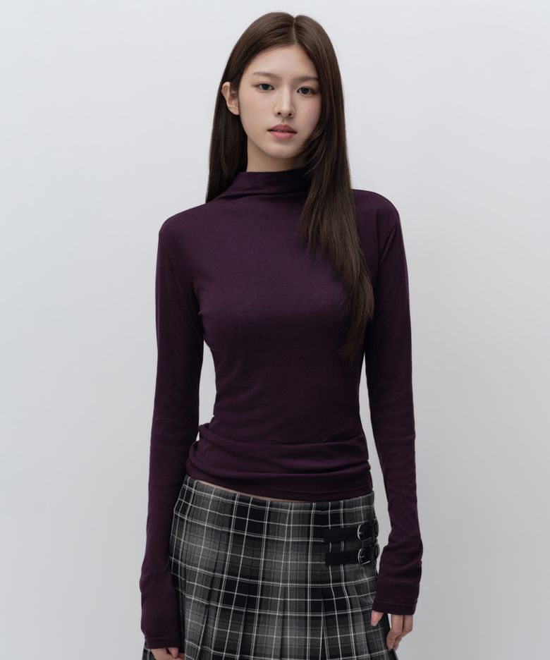 우먼즈 시어 울 텐셀 터틀 넥 긴소매 티셔츠 [다크 퍼플]