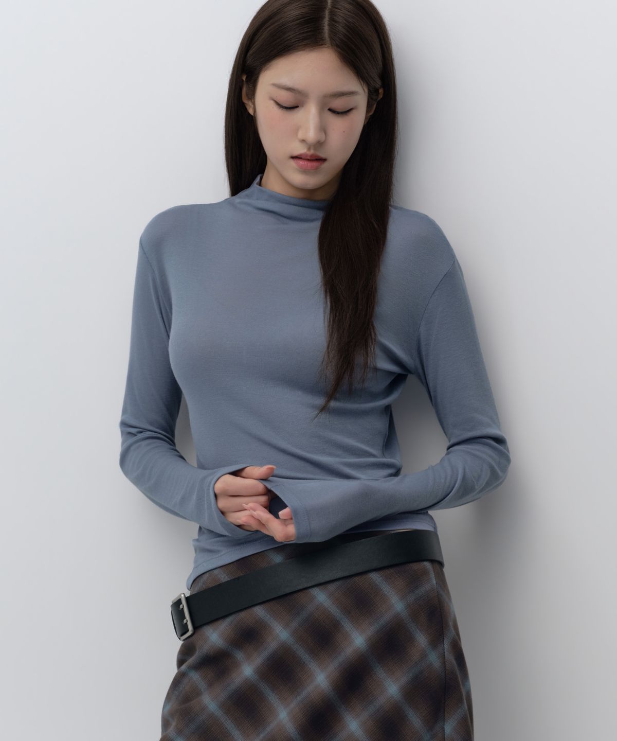 무신사 스탠다드 우먼(MUSINSA STANDARD WOMAN) 우먼즈 시어 울 텐셀 터틀 넥 긴소매 티셔츠 [페일 블루]