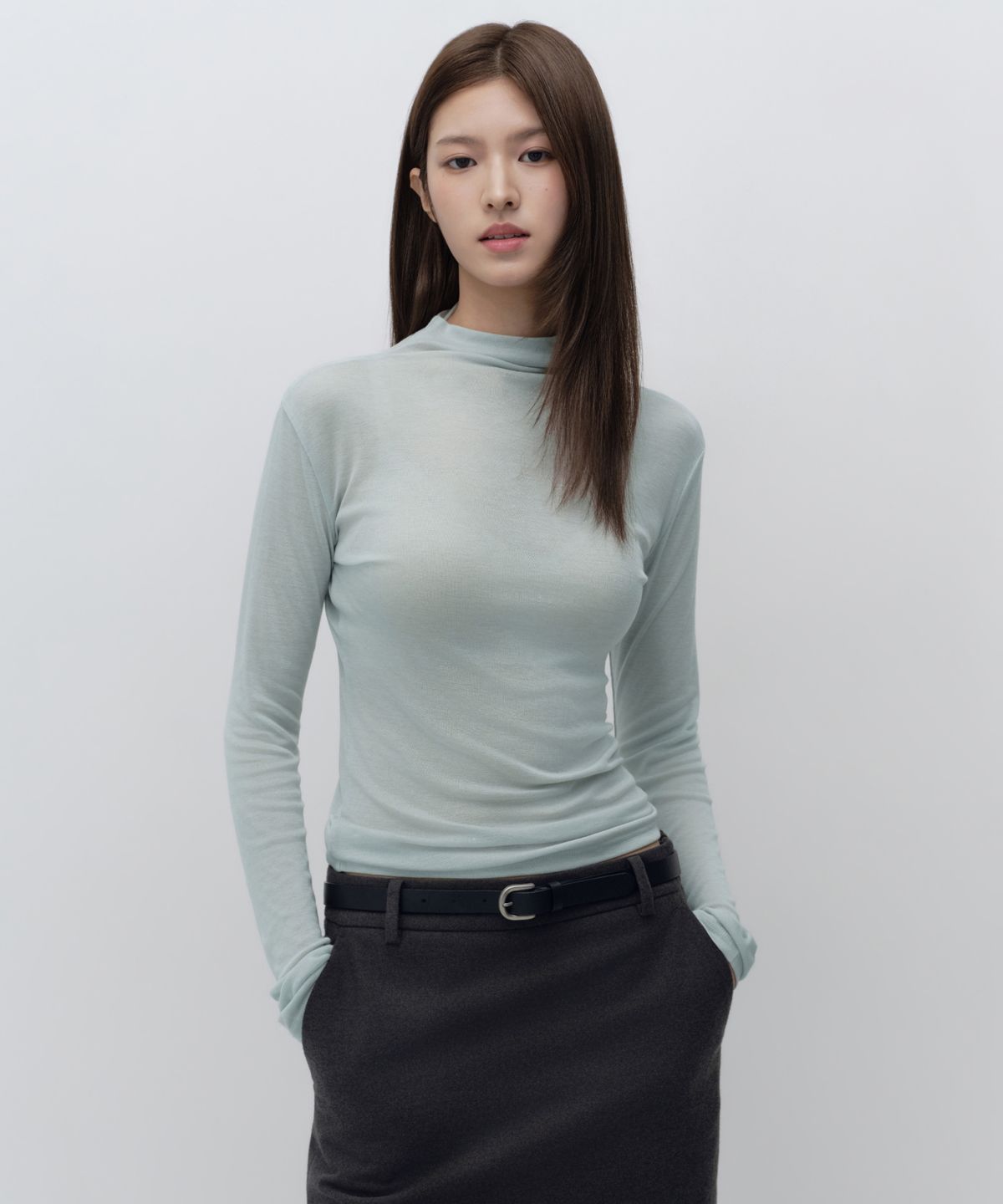 무신사 스탠다드 우먼(MUSINSA STANDARD WOMAN) 우먼즈 시어 울 텐셀 터틀 넥 긴소매 티셔츠 [페일 민트]